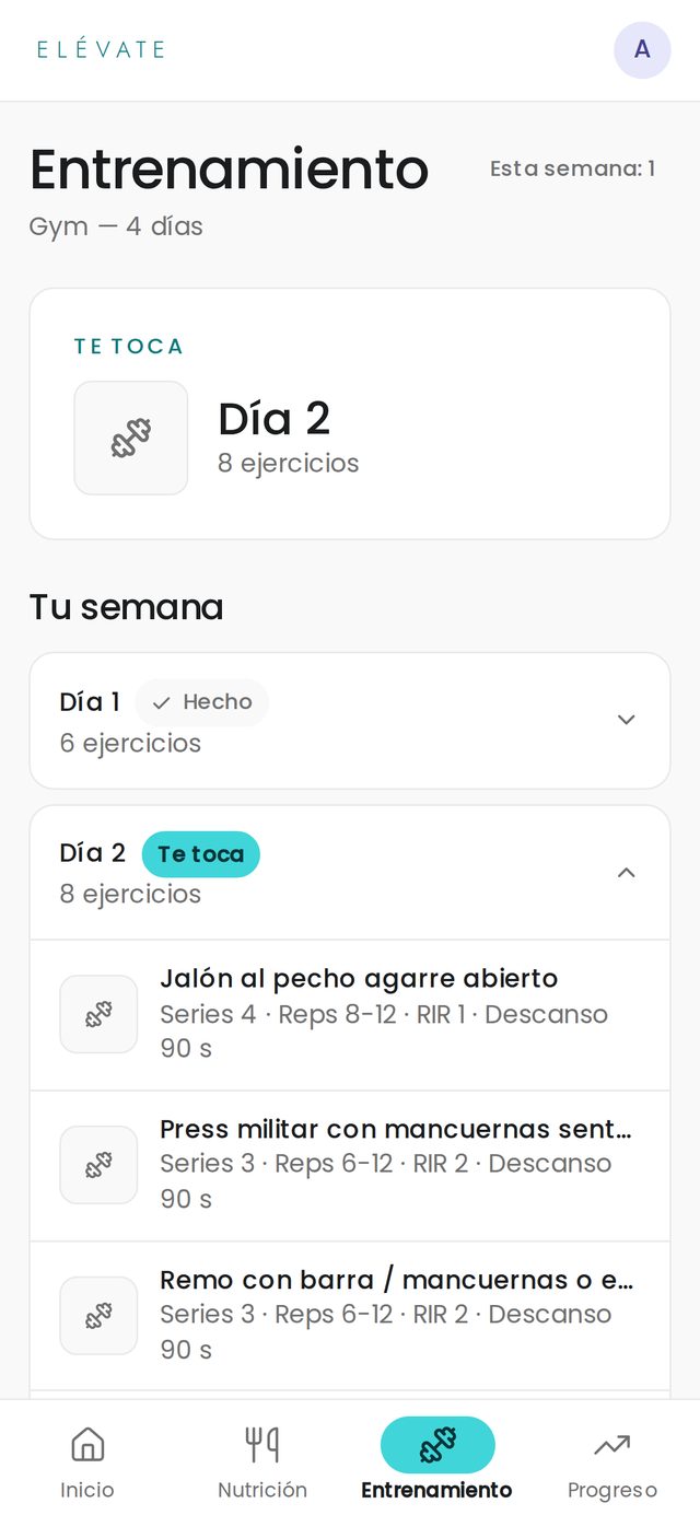 Pantalla de entrenamiento de la app con la rutina del día