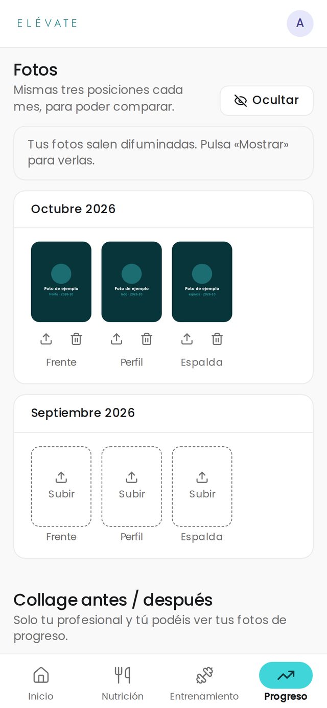 Pantalla de progreso de la app con las fotos de frente, perfil y espalda