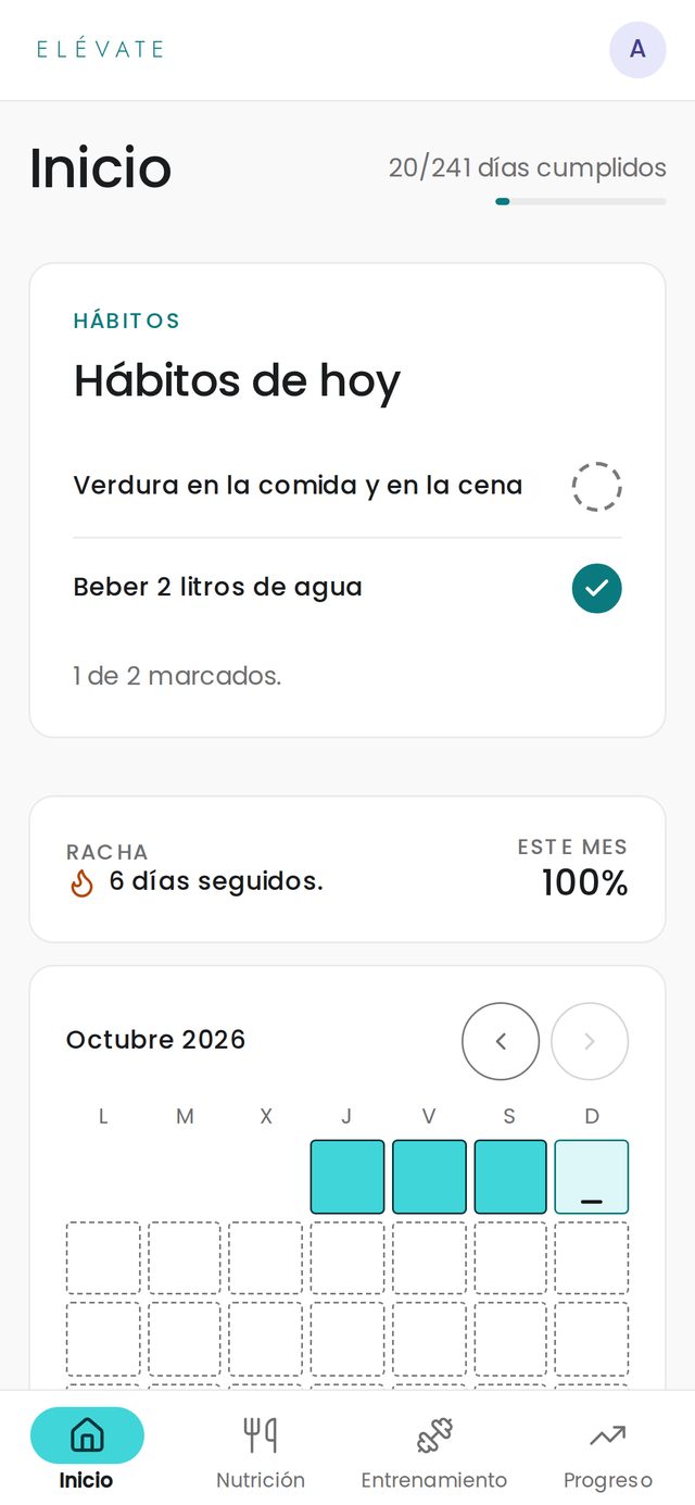 Pantalla de inicio de la app con el seguimiento de hábitos