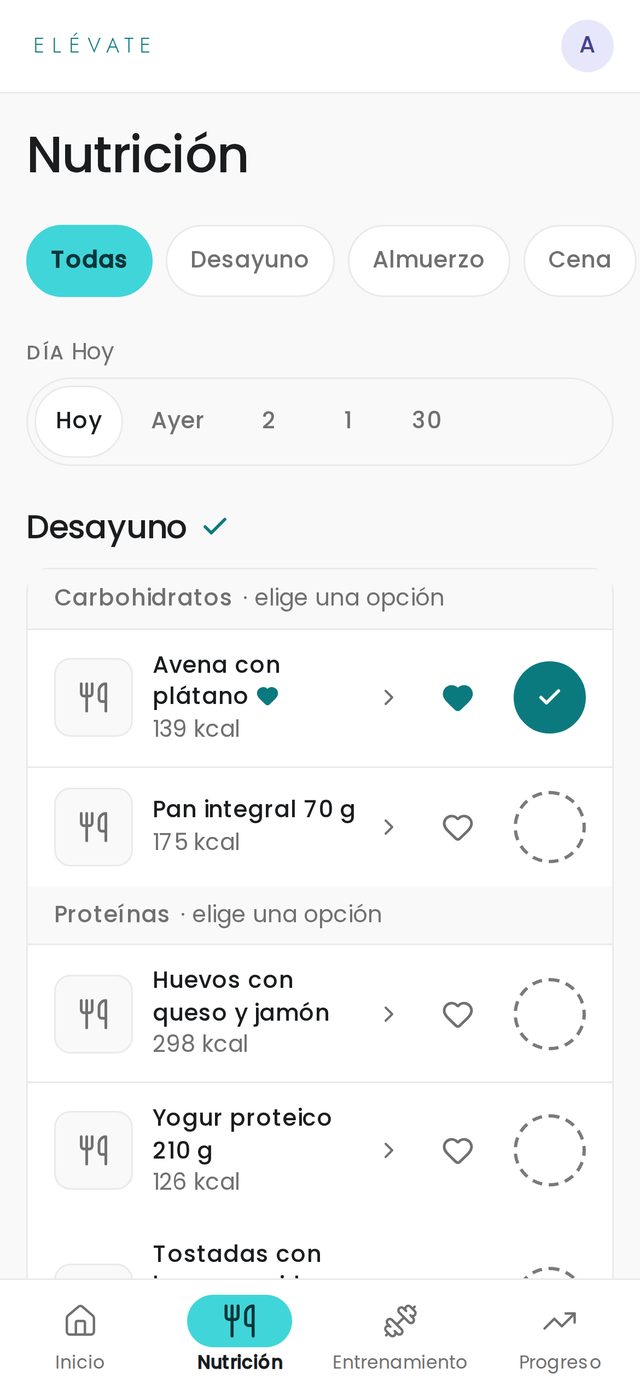 Pantalla de nutrición de la app con las recetas del plan